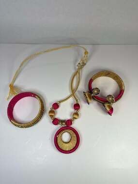 Handmade Pink Gold Silk Thread Jewelry Necklace, Bangles, and Jhumka Earrings